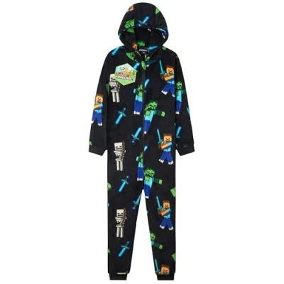 Afbeelding van MINECRAFT, Fleece pyjama voor kinderen, eendelig kruippakje, kinderpakje van zacht fleece, cadeau kinderen 5 14 jaar, Zwart, 11 12 Jaar