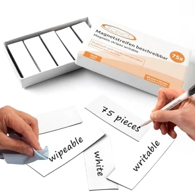 Afbeelding van ECENCE 75 Magneetstrips beschrijfbaar 60x20mm Wit kleefstrips om op maat te snijden uitwisbare magneetplaten Magneetetiketten voor whiteboards, koelkasten, magneetbord