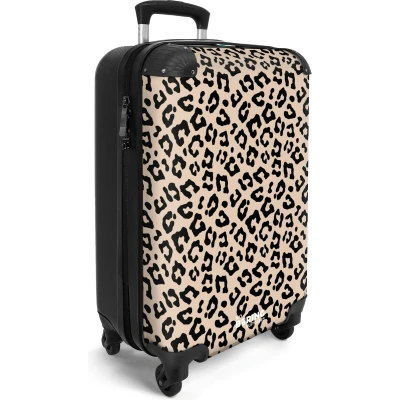 Afbeelding van NoBoringSuitcases.com® Handbagage koffer lichtgewicht Reiskoffer trolley Beige met zwarte panterprint Rolkoffer wieltjes Past binnen 55x40x20 en 55x35x25
