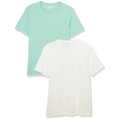 Afbeelding van Amazon Essentials Heren Slim Fit T shirt met korte mouwen en ronde hals, 2 stuks, wit/aquablauw, XS