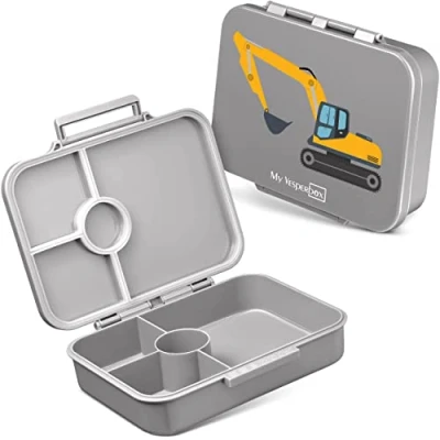 Afbeelding van My Vesperbox Bia, Bento Box voor kinderen, nieuw, versterkte sluitingen, lekvrij en BPA vrij, extreem robuust, lunchbox, broodtrommel, ideaal de kinderopvang op school (grijs, graafmachine)