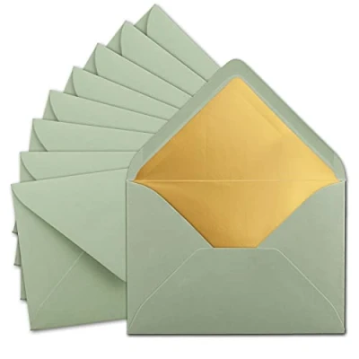 Afbeelding van FarbenFroh door Gustav Neuser enveloppen, 10 stuks in eucalyptus (groen) met goudkleurige zijdevoering, formaat C5, blanco postenveloppen zonder adresvenster, 15,7 x 22,5 cm, natte plakrand