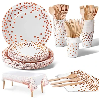 Afbeelding van Nkaiso Party Servies, 141 Stuks Rozengoud Papier Feestservies Set Inclusief Papieren Platen Servetten Bekers, voor Bruiloft Douche, Betrokkenheid, Bruiloft, Verjaardag 20 Gasten