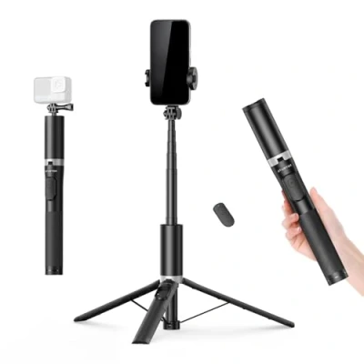 Afbeelding van ATUMTEK 161 cm selfiestick statief met afneembare telefoonhouder en afstandsbediening, compatibel iPhone, Samsung Android smartphones, werkt op batterijen, zwart