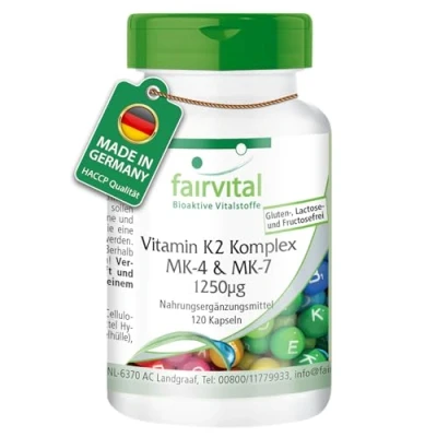 Afbeelding van Fairvital Vitamine K2 complex MK 4 &amp; 7 1250mcg HOOG GEDOSEERD VEGAN 120 capsules