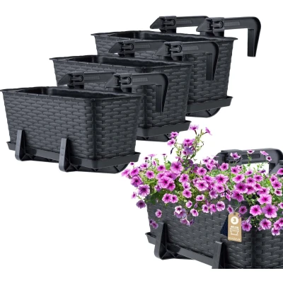 Afbeelding van KADAX Bloembakset, balkonbak van kunststof, plantenbak voor bloemen en kruiden, duurzame balkonpot, balkon, 40 cm, set 3, antraciet