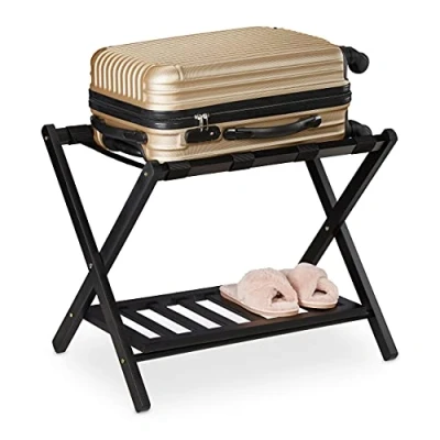 Afbeelding van Relaxdays inklapbaar kofferrek, houten bagage standaard HxBxD: 54,5 x 66 44,5 cm, met plankje, bagagerek hotel, zwart