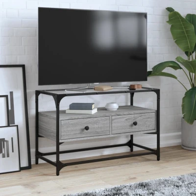 Afbeelding van Tv meubel met glazen blad 80x35x51 cm bewerkt hout grijs sonoma