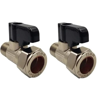 Afbeelding van UKDD® 15 mm x 1/2&quot; mannelijke platte schroefdraad isolatiebal o fix kleppen met zwarte hendel recht voor flexibele kraanconnector (paar)