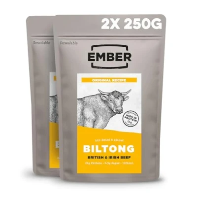 Afbeelding van Ember Biltong (2x250g Original &amp; Chilli) Grootverpakking and Chilli Beef Jerky Eiwitrijke Snack