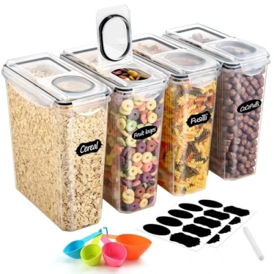 Afbeelding van YASHE 6 stuks plastic voedselopslagcontainer (3,7 l), luchtdichte opslagcontainers voor granen, BPA vrije keukenvoedselcontainers met deksels, Careal Dispenser 16 etiketten en 1 marker