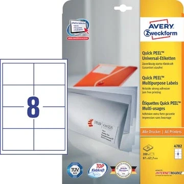 Afbeelding van Avery Zweckform 4782, Universele etiketten, Ultragrip, wit, 25+5 vel, 8 per 97 x 67,7 mm etiket