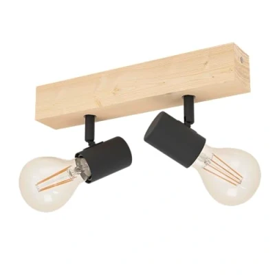 Afbeelding van EGLO plafondlamp Townshend 3, 2 lichts vintage plafondspot in industrieel ontwerp, retro plafond lamp van staal en hout, zwart, bruin, E27 fitting, FSC gecertificeerd