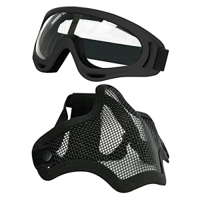 Afbeelding van AOUTACC Airsoft masker en bril, Half gezichtsmaker Staalgaas bril voor CS/Jacht/Paintball/Schieten (zwart masker)