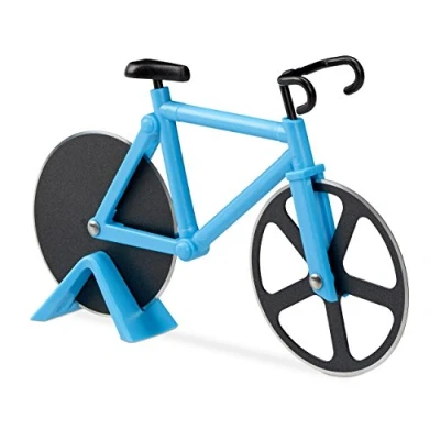 Afbeelding van Relaxdays pizzasnijder fiets pizzames racefiets pizzaroller origineel deegroller blauw