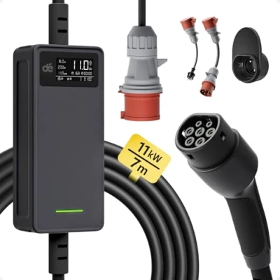 Afbeelding van dé Type 2 Oplaadkabel 11kW Wallbox [3 fasen 7m 6 16A] Instelbaar laadvermogen, EV Oplader en Mobiele Wandbox/Laadstation voor ID.3, ID.4, ID.5, Model Y/3, e up, tron, Zoe andere