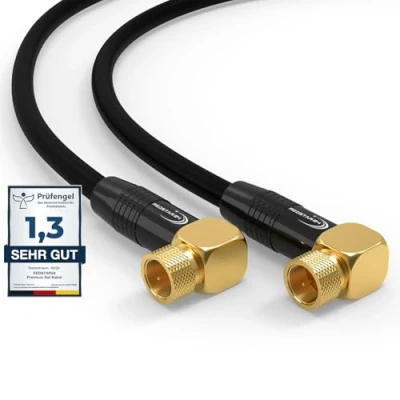 Afbeelding van SAT kabel 2 m satellietkabel, tv antennekabel, digitale coaxkabel coaxiaal internet, 2x F stekker 90 graden hoek router, modem aansluitkabel HD 4K UHD DVB S S2, zwart