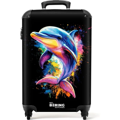 Afbeelding van NoBoringSuitcases.com® Kinderkoffer meisje Dolfijn met kleurrijke graffiti Kindertrolley meisjes Handbagage koffer lichtgewicht Reiskoffer trolley kinderen Rolkoffer wieltjes Past binnen 55x40x20 en 55x35x25