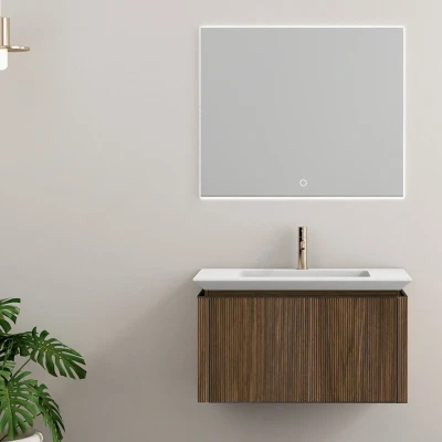 Afbeelding van Aurelie badkamermeubelset 75 cm, 1 lade, wastafel, LED spiegel walnoot