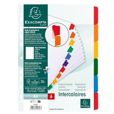 Afbeelding van Exacompta Ref. 2306E karton met 20 tabbladen in wit 160g/m2 FSC® 6 gekleurde versterkt en gelamineerd Indexpagina bedrukbaar A4 formaat