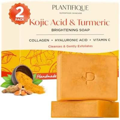 Afbeelding van PLANTIFIQUE Kojic Acid zeep tegen Hyperpigmentatie 160g Kurkuma 2 stuks met hyaluronzuur, collageen en vitamine C, vegan gezichts lichaamszeep voor donkere vlekken, vrouwen mannen.