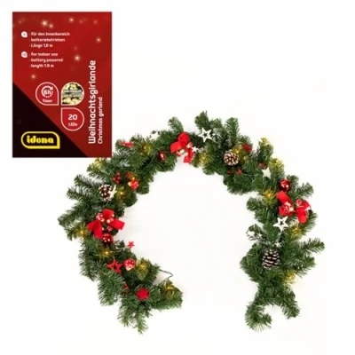 Afbeelding van Idena 30547 LED dennenslinger met 20 leds in warm wit, ca. lang, 6 uur timerfunctie, werkt op batterijen, decoratie voor binnen, advents en kerstdecoratie, meerkleurig, 1,8 m