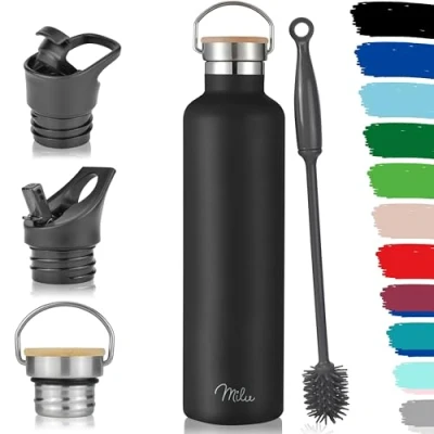 Afbeelding van Roestvrijstalen drinkfles 500 ml, 750 1000 ml (+3 flessen) thermosfles met rietje, schuine waterfles, lekvrije thermosfles, dubbelwandig, geschikt voor koolzuurhoudende dran (zwart, ml)