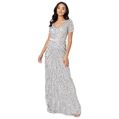 Afbeelding van Maya Deluxe Vrouwen Maxi Dames Verfraaide Pailletten Jurk Lange Korte Mouw V hals Hoge Rijk Taille Een Cut Glanzend Prom Bruiloft Bruidsmeisje, Zacht Grijs, 40