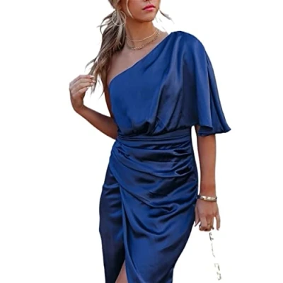 Afbeelding van MITORI Dames mouw één schouder split ruches jurken uitgesneden spleet cocktailjurk partij bruiloft gast #316, marineblauw, L