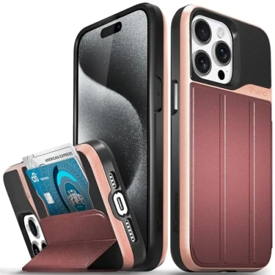 Afbeelding van VENA vCommute Portemonnee hoesje compatibel met Apple iPhone 15 Pro Max (6,7 inch), (militaire valbescherming), lederen fliphoesje, kaartsleuf en standaard, roségoud/rood