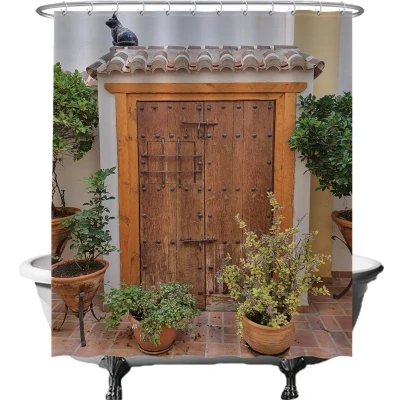 Afbeelding van Ulticool Douchegordijn Deur Planten Kat 180 x 200 cm semi Transparant met 12 Ringen wit anti Schimmel Bruin Beige