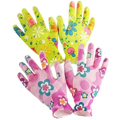 Afbeelding van COM FOUR® set van 2 premium handschoenen tuin en werk voor dames bloemmotief, gemaakt latex, antislipcoating, één maat S (02 paar paars/groen S)