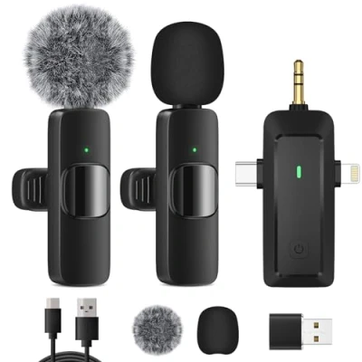 Afbeelding van HMKCH Draadloze lavalier microfoon voor iPhone/Android telefoon/camera/computer/laptop, professionele dubbele met USB C/3,5 mm/USB stekker video opname, vlog, YouTube, TikTok