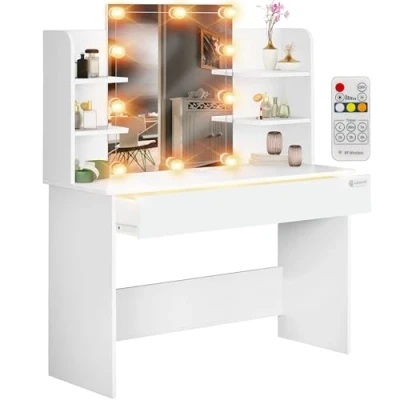 Afbeelding van Casaria Make up Tafel Lucia 140x108x40cm Verlichting Lade en Spiegel 4 Planken Vloerbeschermer Hout Kaptafel Wit