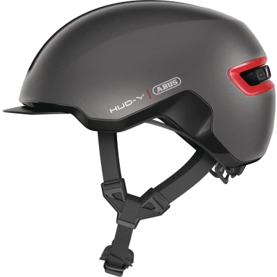 Afbeelding van ABUS Urban helm HUD Y met magnetisch, oplaadbaar led achterlicht en magneetsluiting coole fietshelm voor dagelijks gebruik dames heren titanium/mat rood, maat M