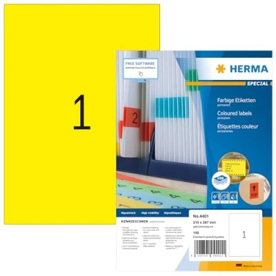 Afbeelding van HERMA 4401 Gekleurde etiketten A4 (210 x 297 mm, 100 velles, papier, mat) zelfklevend, bedrukbaar, permanente zelfklevende etiketten, voor printer, geel