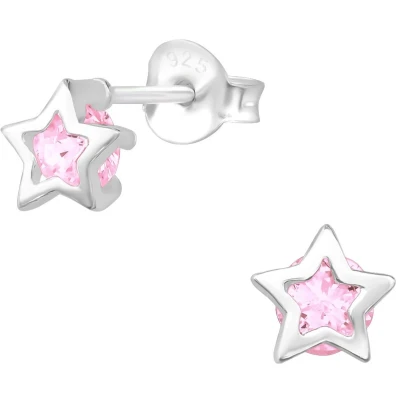 Afbeelding van JoyS Zilveren ster oorbellen 6 mm met ingezette zirkonia roze oorknoppen