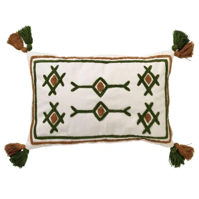 Afbeelding van ZITA Kussenhoes katoen 40x60 cm Chive groen / wit bruin met flosjes
