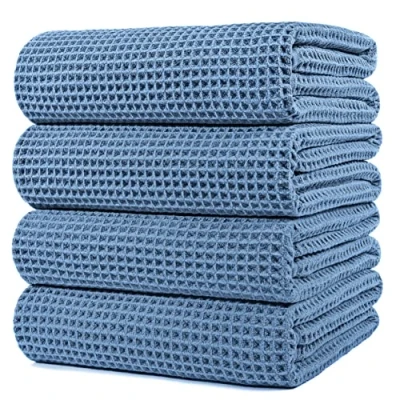Afbeelding van POLYTE Microvezel oversized sneldrogende pluisvrije badhanddoek, 152 x 76 cm, 4 stuks (blauw, wafelweefsel)