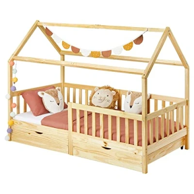 Afbeelding van IDIMEX Huis Nuna Montessori bed van massief grenen, 90 x 200 cm, met valbeveiliging, speelbed laden, modern kinderbed dak in natuur