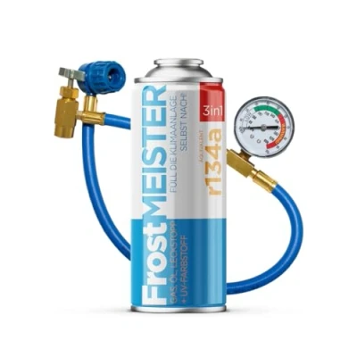Afbeelding van FrostMEISTER 3 in 1, complete navulset voor airconditioning de auto (400 ml + manometer slang), bevat gasvervanging, compressorolie en afdichtmiddel snelle, veilige AC upgrade (R134a, 1995