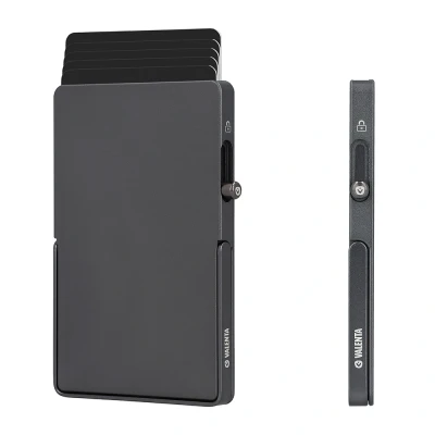 Afbeelding van Valenta Ultradunne Pasjeshouder MagSafe met Stand functie Uitschuifbaar Grafiet Grijs Videostand 7.1 mm dun max. 5 kaarten Sterke Magnetische Kaarthouder RFID NFC EXTRA kaartbeveiliging