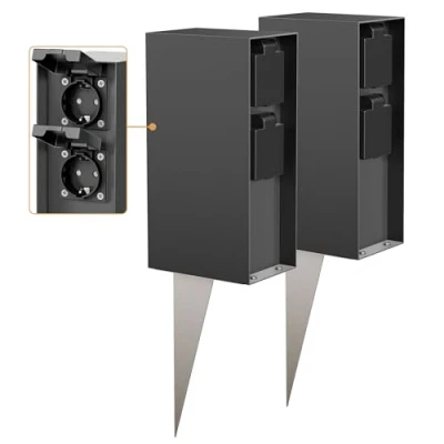 Afbeelding van ledscom.de 2 x POMI tuincontactdoos zuil met grondpin voor buiten, IP44, 4 voudig, antraciet, hoekig, 23cm