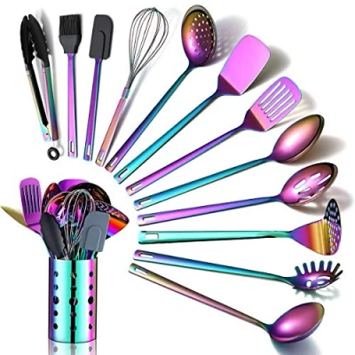 Afbeelding van HOMQUEN Regenboog Keukengerei Set, 13 Stuks Roestvrijstalen Kookgerei Met Titanium Rgenboog Coating, Set Opbergvat Voor (13 Stuks)