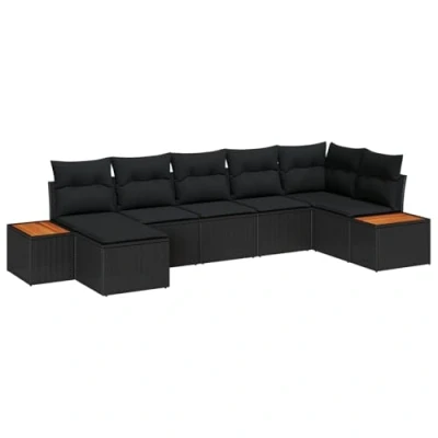 Afbeelding van vidaXL 7 delige tuinset met kussens zwart poly rattan acacia