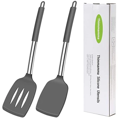 Afbeelding van siliconen spatel Turner, 2 Pack Hittebestendige sleufspatel Solid Turner om te koken, BPA vrije grote zwarte keukengerei voor het bakken van antiaanbakgerei, vaatwasmachinebestendig,