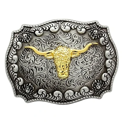 Afbeelding van LKMY 3D Bull OX hoofd riem gesp, Mode Mannen Western Vintage Gegraveerde Gouden Hoorn Stier Rodeo Cowboy gesp (stier zilver)