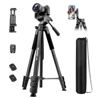 Afbeelding van Nineigh Mobiele camerastatief, 172 cm, licht aluminium, statief voor smartphone met afstandsbediening, draagbare camera, tripod standaard 3 wegs kop, reisfotostatief video/fotografie/vlog