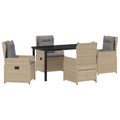 Afbeelding van vidaXL 5 delige Tuin Eetset Beige Poly Rattan, Tuintafel Zwart 140x80x73 cm Gelaagd Glas