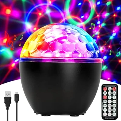 Afbeelding van Led discobal met 16 lichteffecten, muziekgestuurde partylamp USB kabel en batterij, disco partylicht voor Halloween, kerst, kinderen, disco, dj, feestjes, verjaardag, decoratie